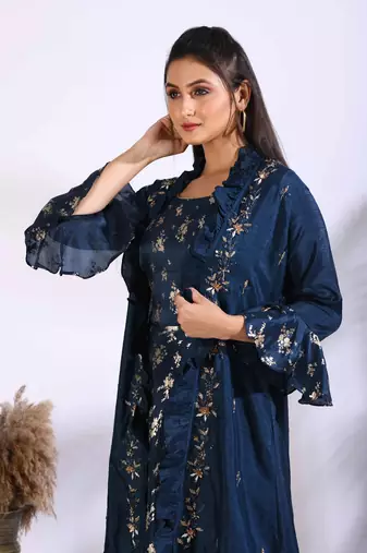 Blue long gown with jacket with hand embroidery