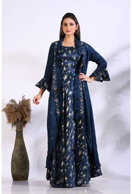 Blue long gown with jacket with hand embroidery 3