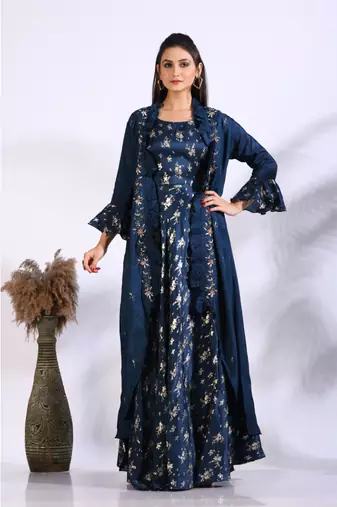 Blue long gown with jacket with hand embroidery