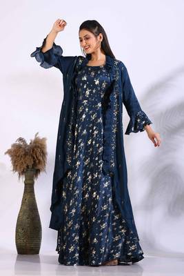 Blue long gown with jacket with hand embroidery 4