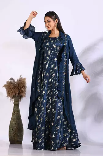 Blue long gown with jacket with hand embroidery