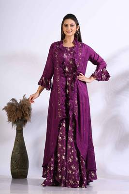 Purple long gown with jacket with hand embroidery 1