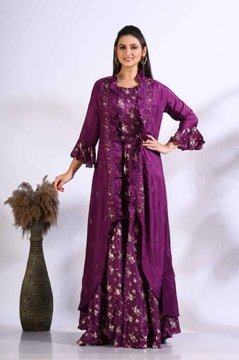 Purple long gown with jacket with hand embroidery