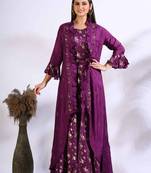 Purple long gown with jacket with hand embroidery
