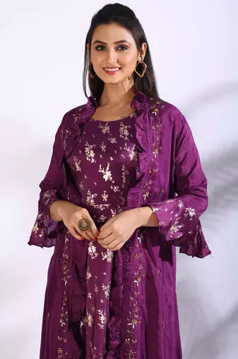 Purple long gown with jacket with hand embroidery