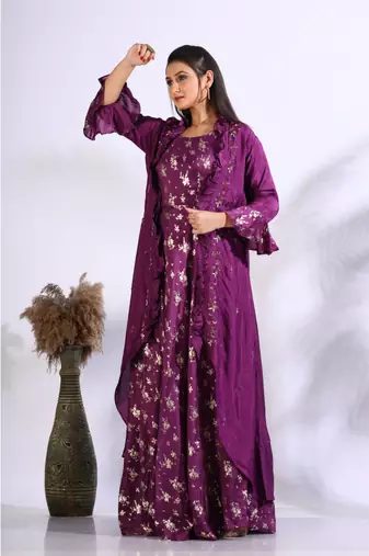 Purple long gown with jacket with hand embroidery