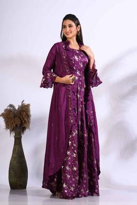 Purple long gown with jacket with hand embroidery 4