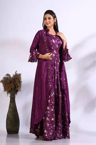 Purple long gown with jacket with hand embroidery