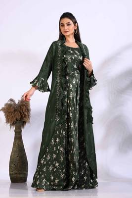 Green long gown with jacket with hand embroidery 1