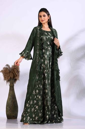 Green long gown with jacket with hand embroidery