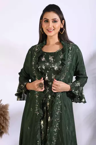 Green long gown with jacket with hand embroidery