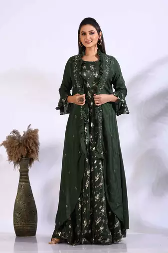 Green long gown with jacket with hand embroidery