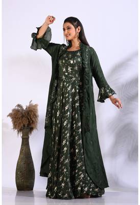 Green long gown with jacket with hand embroidery 4