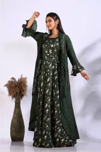 Green long gown with jacket with hand embroidery