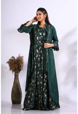 Dark green long gown with jacket with hand embroidery 2