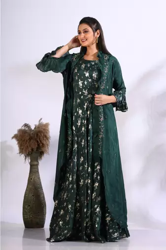 Dark green long gown with jacket with hand embroidery