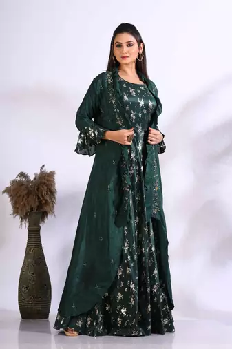 Dark green long gown with jacket with hand embroidery