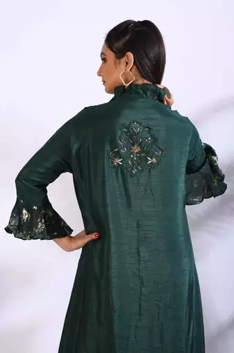 Dark green long gown with jacket with hand embroidery
