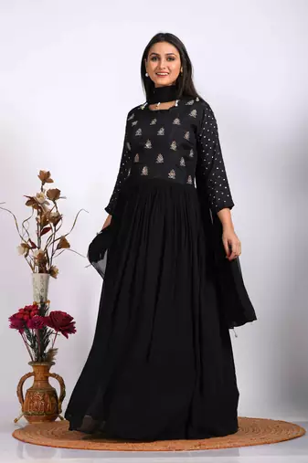 Black long gown with dupatta with hand embroidery