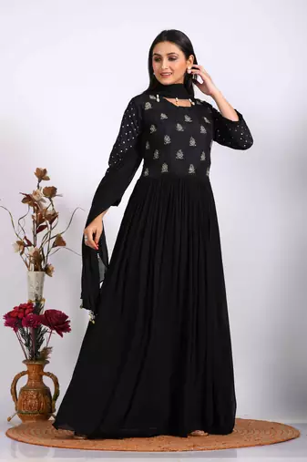 Black long gown with dupatta with hand embroidery