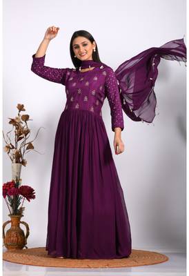 Purple long gown with dupatta with hand embroidery 1