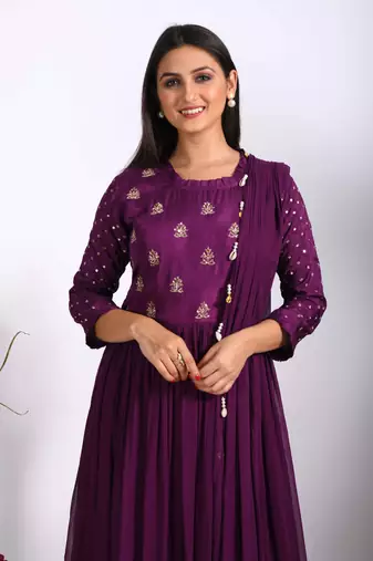 Purple long gown with dupatta with hand embroidery