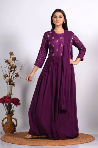 Purple long gown with dupatta with hand embroidery