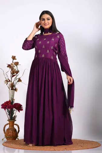 Purple long gown with dupatta with hand embroidery