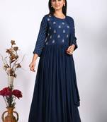 Blue long gown with dupatta with hand embroidery