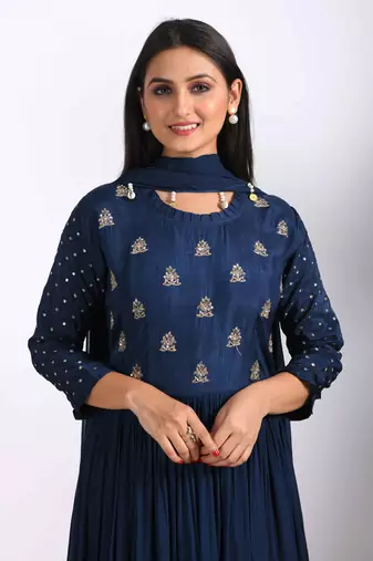 Blue long gown with dupatta with hand embroidery