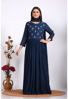 Blue long gown with dupatta with hand embroidery 3