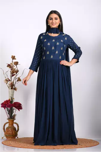 Blue long gown with dupatta with hand embroidery