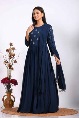 Blue long gown with dupatta with hand embroidery 4
