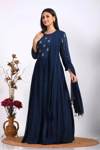 Blue long gown with dupatta with hand embroidery