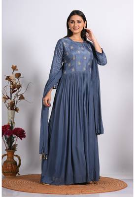 grey long gown with dupatta with hand embroidery 1