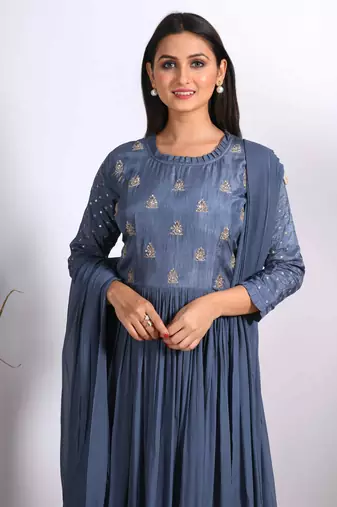 grey long gown with dupatta with hand embroidery
