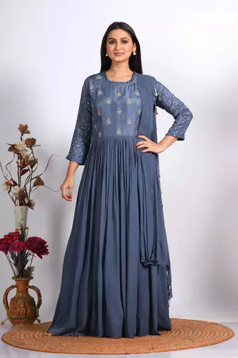 grey long gown with dupatta with hand embroidery