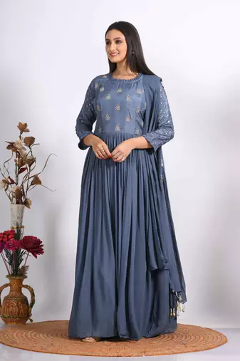 grey long gown with dupatta with hand embroidery