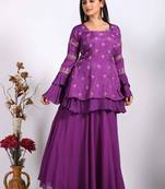 Purple long jacket with skirt with hand embroidery