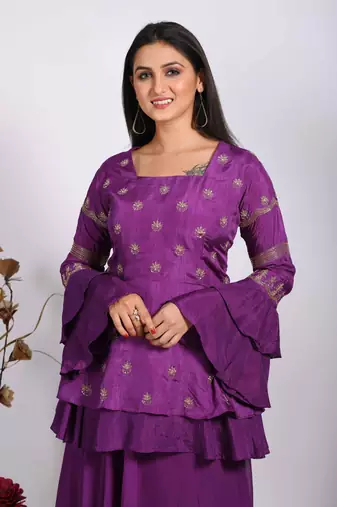 Purple long jacket with skirt with hand embroidery