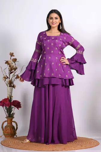 Purple long jacket with skirt with hand embroidery