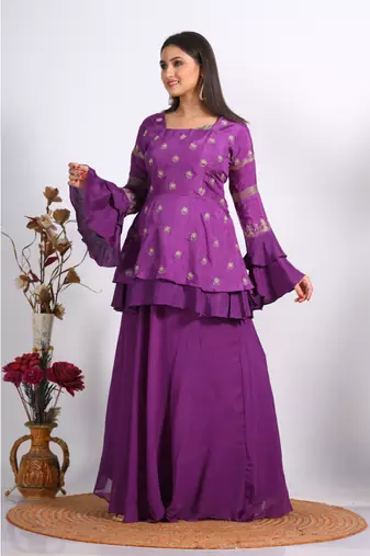 Purple long jacket with skirt with hand embroidery