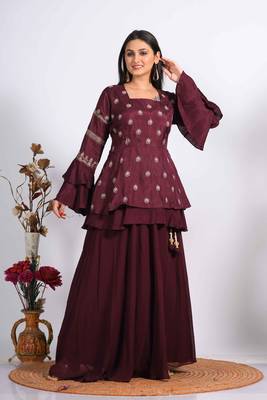 Light maroon long jacket with skirt with hand embroidery 1