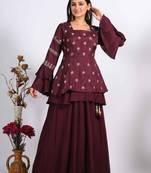 Light maroon long jacket with skirt with hand embroidery