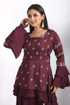 Light maroon long jacket with skirt with hand embroidery 2