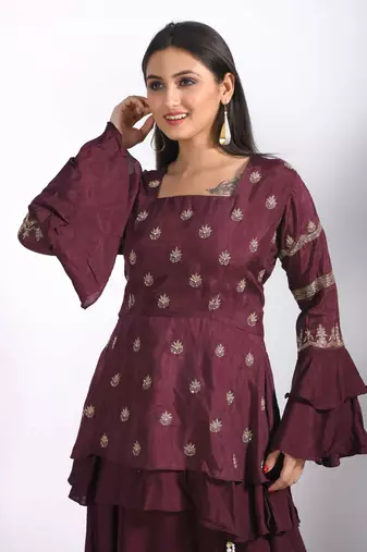 Light maroon long jacket with skirt with hand embroidery