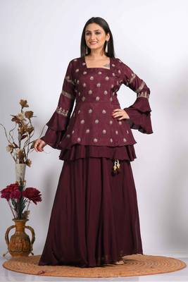 Light maroon long jacket with skirt with hand embroidery 3