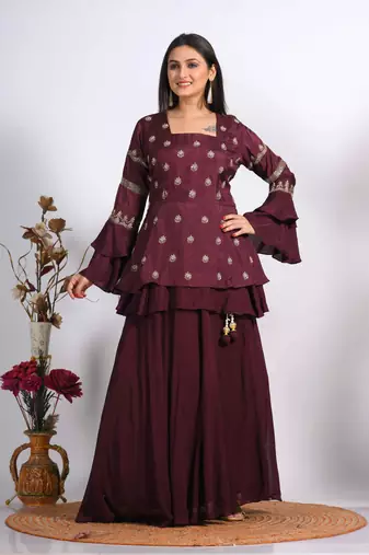 Light maroon long jacket with skirt with hand embroidery