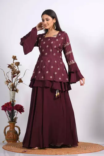Light maroon long jacket with skirt with hand embroidery