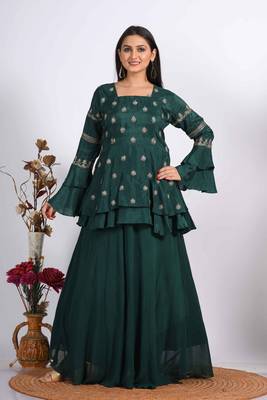 Green long jacket with skirt with hand embroidery 1